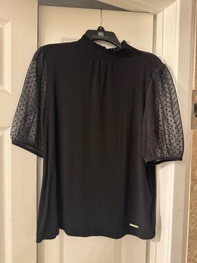 Anne Klein Black Puff-Sleeve Dot Mesh Blouse